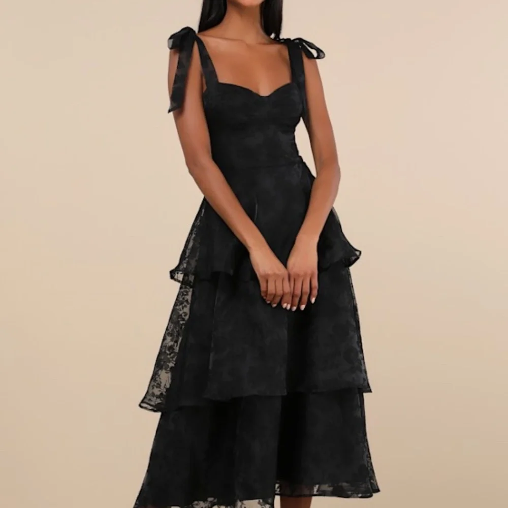 Lulus Glamorous Sweetie Black Burnout Tie-strap Bustier Midi Dress - Size L - Picture 1 of 1